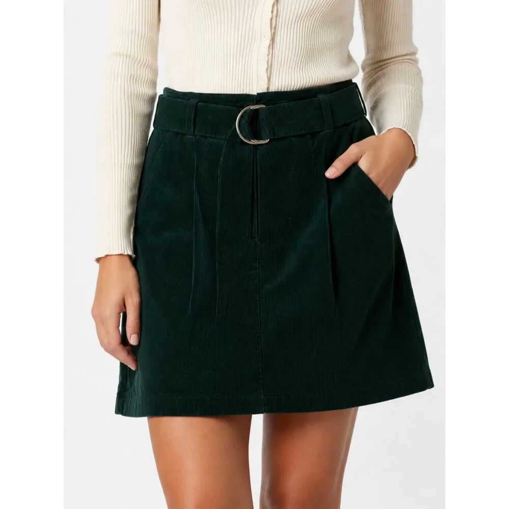 Cremieux Women's Forest Green Corduroy Mini Skirt Size 0 Belted Cotton Stretch